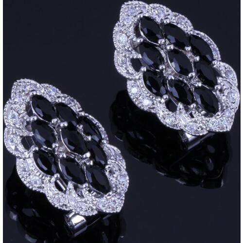 Delightful Marquise Black Cubic Zirconia White CZ Silver Plated Clip Hoop Huggie Earrings V0885