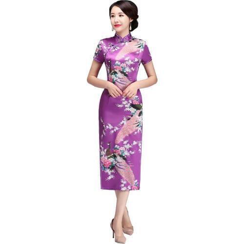 Shanghai Story Short Sleeve Peacock Qipao Long Cheongsam Dress peafowl Chinese Traditional Dresses for Women 8 Color