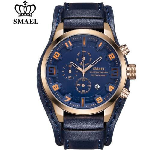SMAEL Casual Sport Watches Mens Top Brand Luxury Fashion Business Chronograph Leather Quartz Watch Date Waterproof Wristwatch