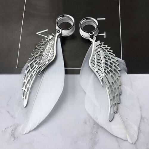 1 Pair Ear Tunnel Plug Stainless Steel Ear Gauges Flesh Piercing Feather Wing Pendant Ear ExpanderEar Reamer Expansores Oreja