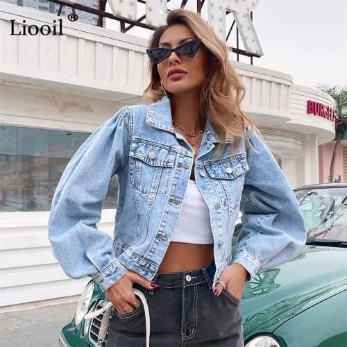 Liooil Streetwear Cropped Denim Jackets 2021 Women Long Sleeve Boyfriend Vintage Jacket With Pocket Button Autumn Winter Coats