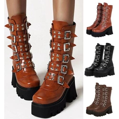 Winter Gothic Punk Womens Platform Boots Black Buckle Strap Zipper Creeper Wedges Shoes Mid Calf Military Combat Boots