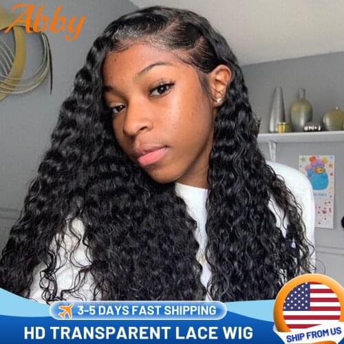 ABBY Deep Wave 13x4 HD Transparent Lace Frontal Wigs 180% Density Brazilian Deep Wave 4x4 Lace Closure Human Hair Wigs For Women