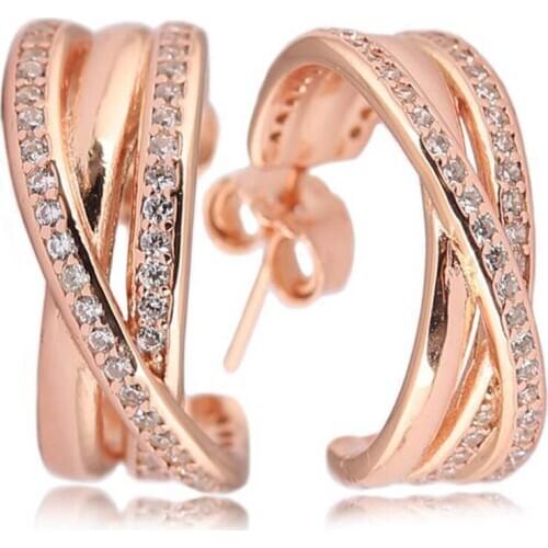 Authentic S925 Earring Entwined Hoop Earrings For Women Rose Color Clear CZ For Women Wedding fit Lady Jewelry