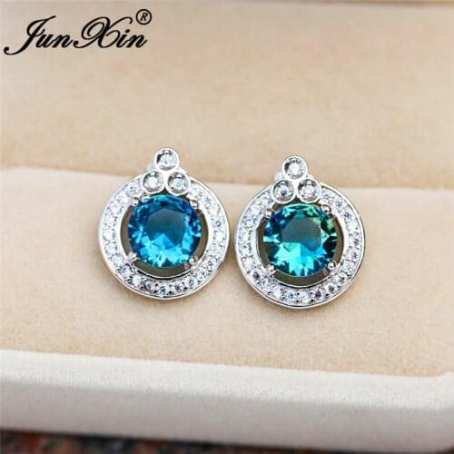 Boho Female Rainbow Fire Crystal Earring White Gold Colorful Blue Green Stone Round Stud Earrings For Women Wedding Jewelry Gift