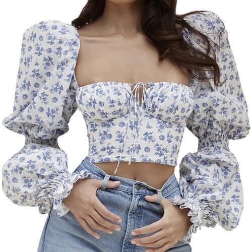 Women Elegant Top Summer Blouse , Spring Long Sleeve Low-cut Crop Top with Floral Pattern for Jeans and Skirt