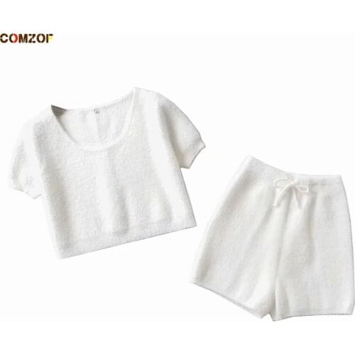 Mohair Short Sleeve T Shirt+Shorts High Waist Women Two Piece Set 2021 Summer White Knitted Suit Clothing Ensemble Femme