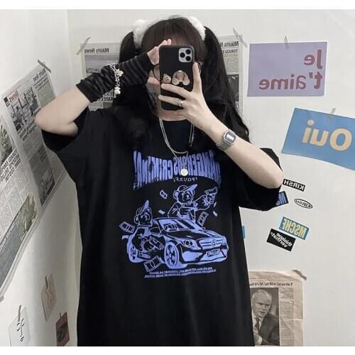 2021 Harajuku Cartoon anime Gothic Bear Print Short Sleeve T-shirt oversized T-shirt Kawaii womens T-shirts hipHop Clothes