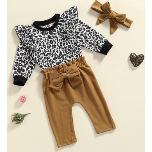 Baby Girls 3PCS Fall Outfits, Ruffle Long Sleeve Leopard Tops + Bowknot Pants + Headband Set Spring Autumn