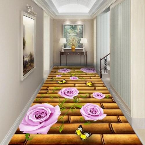 Romantic Rose Corridor Aisle Rug Crystal Velvet Non-slip Bedroom Bedside Floor Area Rug Indoor Doormat Carpet for Living Room