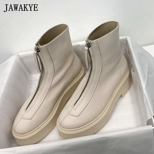 White Lychee Leather Short Boots Round Toe Front Zip Chelsea Boots Thick Sole Platform Ankle Booties Street Motorcycle Booties