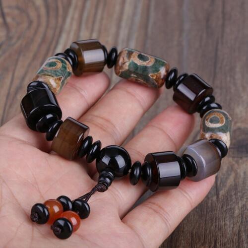 Big tube round smoky grey black onyx precious stone beads beaded tassel tail end charm tibetan buddhism beads bracelet for man
