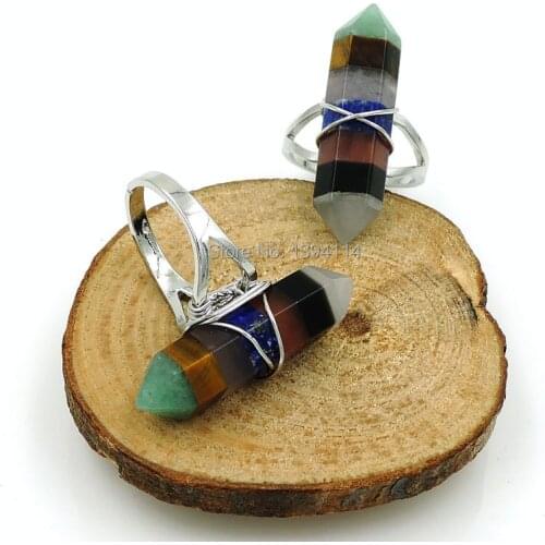 Chakra 7 Stones Combination Hexagonal Column Double Points Ring With Wire Wrapped Of Plating Gold And Silve r Approx 32*9 mm