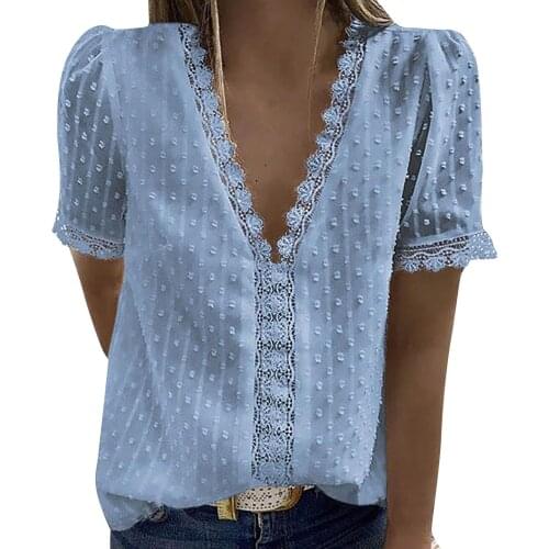 40# Elegant Blouses Women Ruffle Lace Short Sleeve Casual Tee Shirt V-neck Solid Color Vintage Pullover Top Женские Свитера