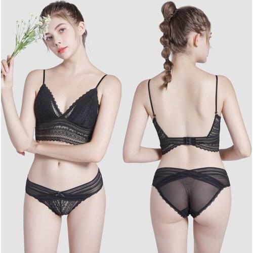 Sexy Big Backless Lingerie Explosive French Lace U Shape Thin Wire Free Triangle Cup Bra And Panty Set