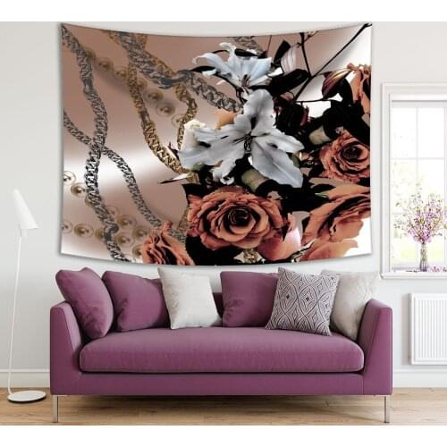 Tapestry Roses Lilies Flowers and Gold Silver Chain Fabric Design Romantic Artwork Yellow White Pink