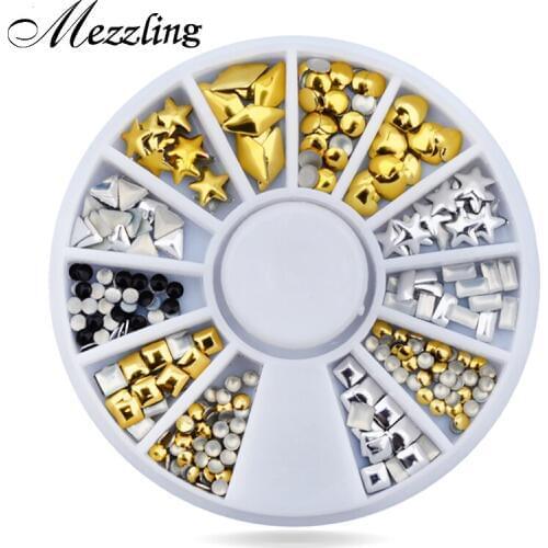Gold Silver Nail Art Decoration Wheel Set Various Designs Metal Nail Studs Rhinestones DIY Nail Craft Accessories