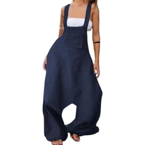 New Jumspuit Sleeveless Baggy Overalls Women Solid Color Wide Leg Dungarees Romper for Street