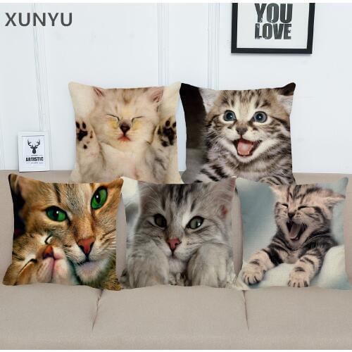 XUNYU Lovely Cat Linen Pillowcase Home Sofa Square Pillow Cover Animal Pattern Decorative Cushion Cover 45X45cm AC003