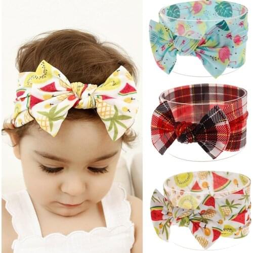 Fashion Baby Girl Print Fruit Lattice Headband Infant Bowknot Turban Hairband Child Nylon Elastic Wide Headwrap Photo Props