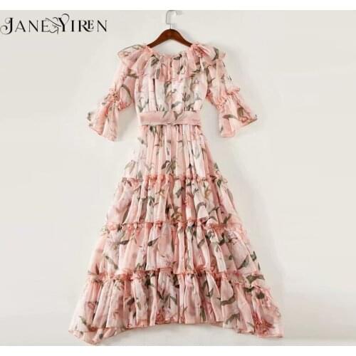 Jianyiren Fashion Designer dress Spring Autumn Womens Dress Flower Print Ruffles Chiffon Dresses
