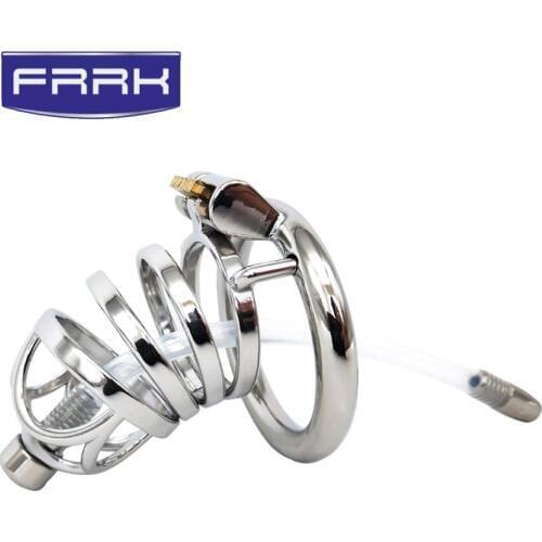 FAAK Mens Metal SM gay sex games penis ring Stainless steel with catheter Birth control penis lock queen Sex training Cock ring