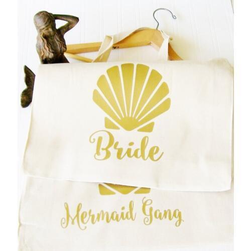 Custom set of 6 seashell Beach bridesmaid tote bags wedding gift Bags Bachelorette bridal shower Champagne Party favors pouches