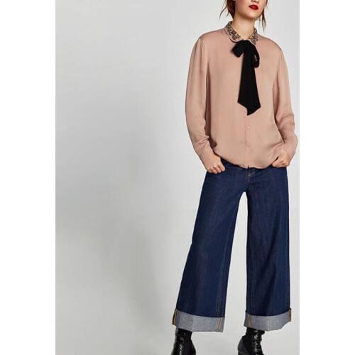 2019 New Arrival Plus Size Vadim Women Tops Danqiudong Suit Lapel Embroidery Neckline Collide Colour System Bring Easy Shirt