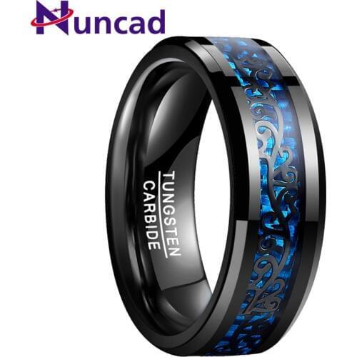 NUNCAD 8mm Wedding Bands Engagement Ring Plating Black Tungsten Carbide Ring Inlaid Vine Pattern Blue Carbon Fiber Mens Jewelry