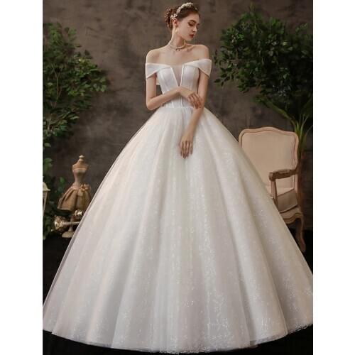 Simple Off Shulder Glitter Wedding Dress 2021 New Beatifull Sexy Deep V Neck Long Train Bridel Gowns Vestido De Noiva Mariage