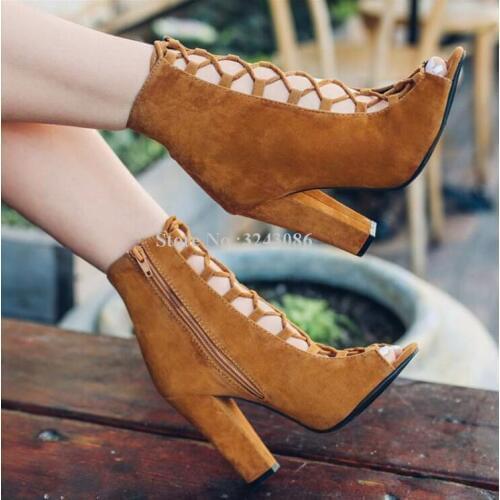 Suede Cross-tied Short Sandals Boots Woman Peep Toe Chunky Heel Amy Green Ankle Boots Ladies Large Size Casual Shoes Dropship