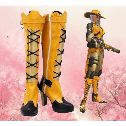 Game OW Ashe Yellow Cosplay Boots Ashe High Heeled Shoes Custom Made for Unisex