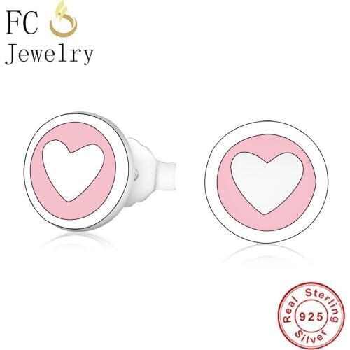 FC Jewelry 925 Sterling Silver Geometric Minimalist Pink Enamel Heart Stud Push Back Earrings Female Women Girl Fashion Brincos