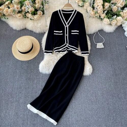 Autumn 2 Piece Set Women Dress Runway Designer Brand Sweater Cardigan And Mini Skirt Vintage 2021 Button Up Knitted Sexy Outfits