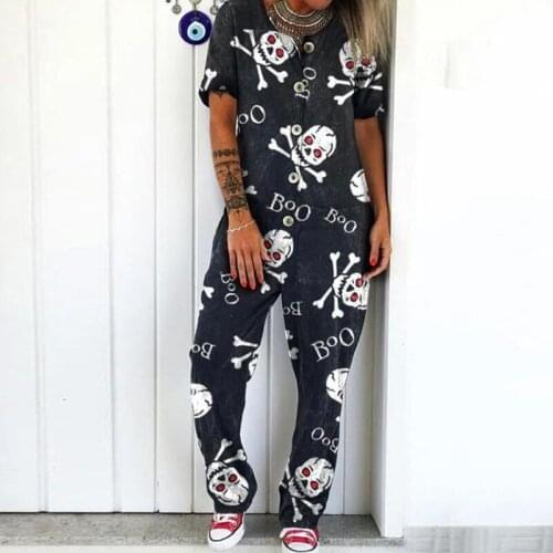 Vintage Women Jumpsuit Skull Print Jumpsuit 2021 Spring Summer Casual Button Loose Overalls Bodysuit Short Sleeve Romper Playsui