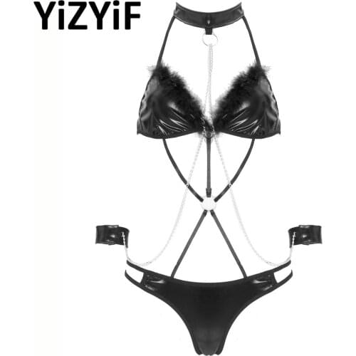 Women Sexy Lingerie Set Halter Lace-up Bodysuit Feather Trimming Patent Leather Metal Chain Leotard with Wristband