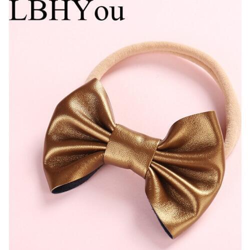 1PCS Pu Leather Soild Bows Nylon Headbands,One Size Fit Most Newborn Baby Soft Nylon Headwraps Stretchy Girls Hair Accessories