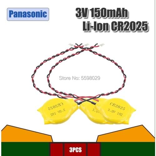 3PCS/LOT Panasonic CR2025 2025 Button Battery with Wire and Plug CMOS 3V BIOS Battery
