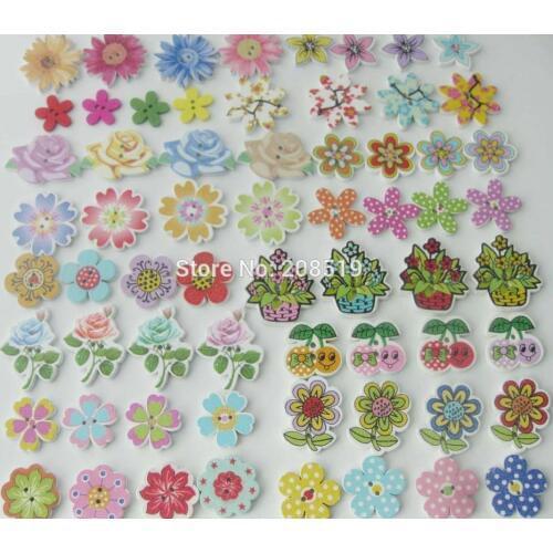 WBNSAA Different shape flower buttons for scrapbook decorative Multicolors 200 pieces flatback wood button