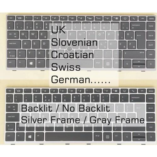 UK Swiss German Slovenian Croatian Keyboard For HP Elitebook 745 G5 840 G5 846 G5 ZBook 14u G5, Silver / Gray Frame, Backlit /No