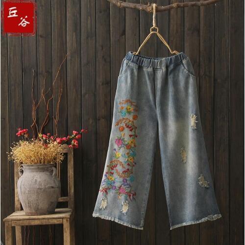 Free Shipping 2020 New Fashion 3/4 Pants For Women Denim Jeans Trousers Elastic Waist Wide Leg Pants Embroidery Vintage Pants