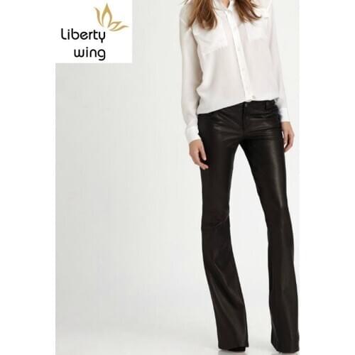 Top Washed PU Pants Women Autumn Slim Fitness Wrap Flare Pantalon Luxury Formal Long Leather Trousers for Female Black