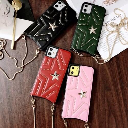 Fashion New PU Leather Studded Pentagram Phone Case With Long Metal Chain For iPhone 12 Mini 11 Pro XS Max XR X 8 7 6S Plus SE