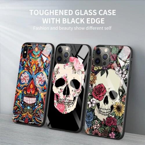 Tempered Glass Phone Case For iPhone 12 11 Pro Max Shell For iPhone Xs Max XR XS 7 8 Plus 11 Pro Flower Skull