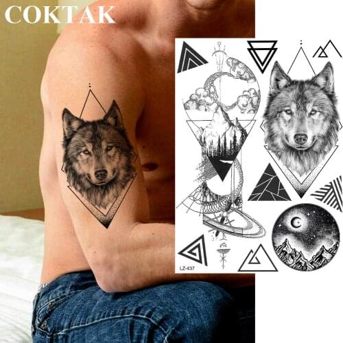 COKTAKGeometric Rhombus Wolf Temporary Tattoo Sticker Triangle Earth Mountain Armband Tatoo For Men Women Body Art Tattoo Paper