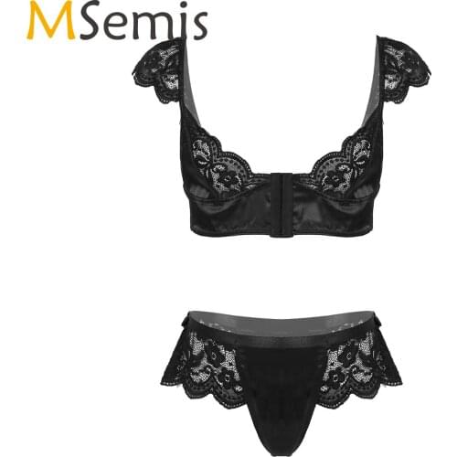 Men Sissy Lace Patchwork Sexy Lingerie Set Front Closure Crop Top with Elastic Waistband Briefs Male Nightwear Exotic Costume