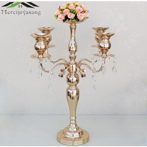 Flover Vase Metal Gold Candle Holders 5-Arms With Crystals Stand Pillar Candlestick For Wedding Decor Candelabra 10PCS/LOT 02303