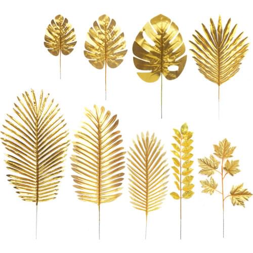 Gold Artificial Monstera Tropical Plam Tree Leaves Photography Background Fake Plants Wedding Birthday Party Home Decoration