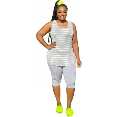Stripe Print Vest Top Tshirt Two Piece Set 5XL Plus Side Women Casual Outfits Lounge Wear Jogging Femme Biker Shorts Tees Summer
