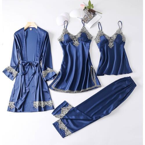 Oversize Lady 4PCS Robe Set Kimono Gown Satin Nightdress Sleepwear Lace Patchwork Nightgown Homewear Sexy Intimate Lingerie